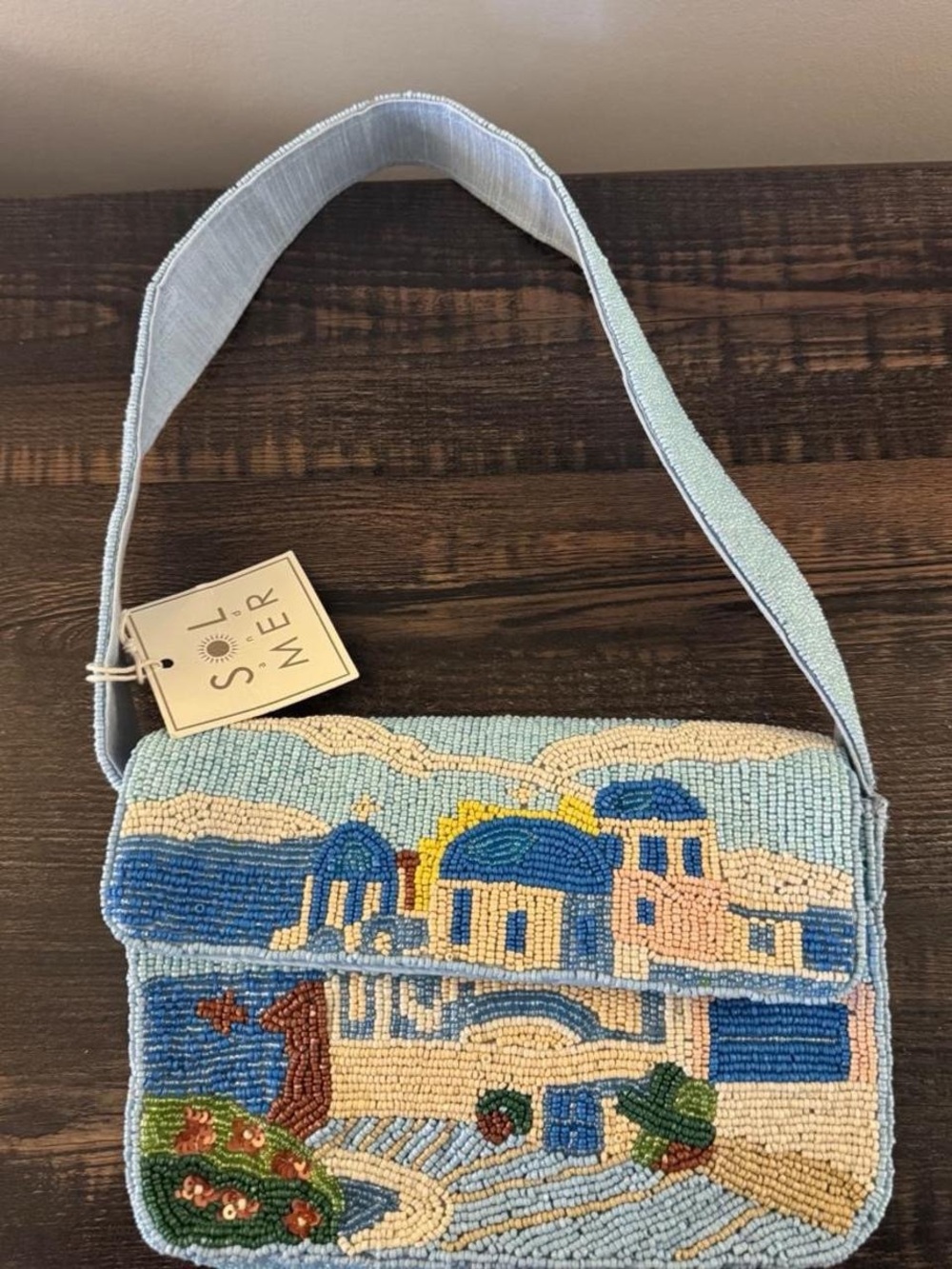 Light Blue Beaded Crossbody Bag with Coastal Motif